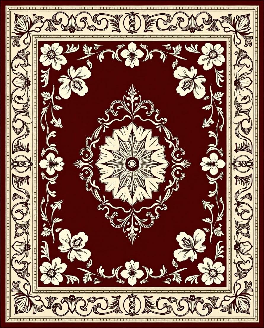 Rich Burgundy Floral Medallion Border Rug