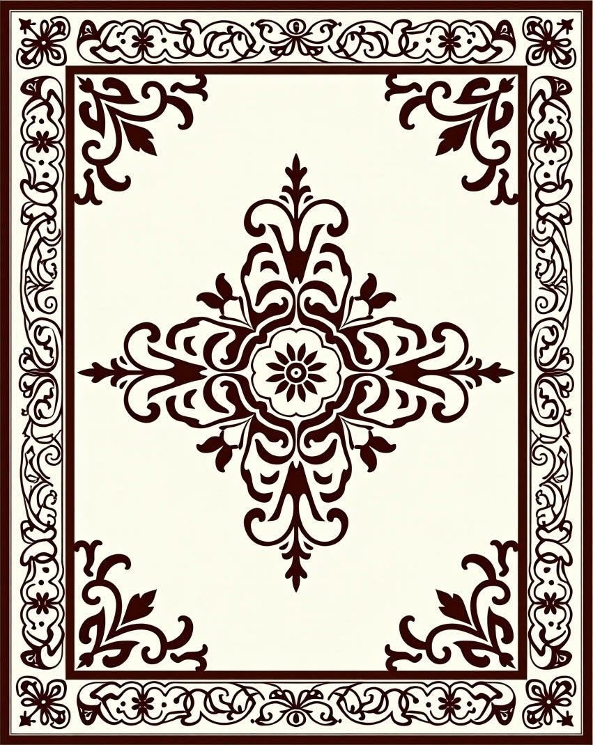 Dark Brown Floral Scroll Medallion Rug