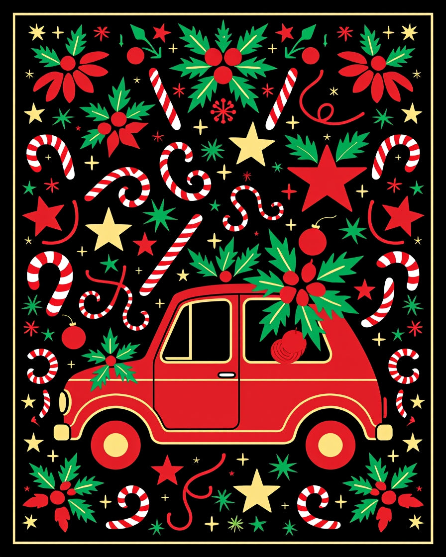 Retro Red Car Candy Cane Christmas Rug