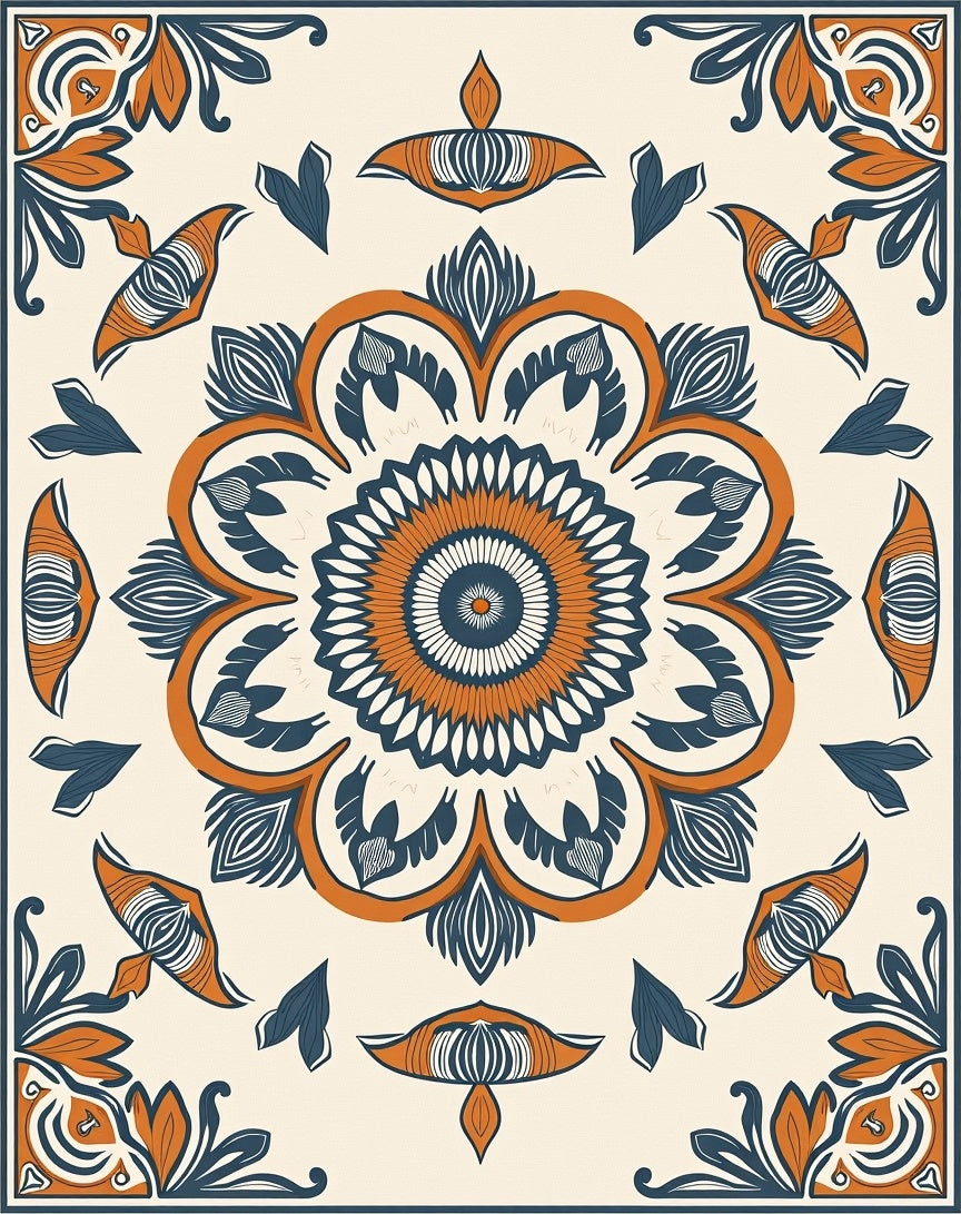 Orange Blue Floral Mandala Rug