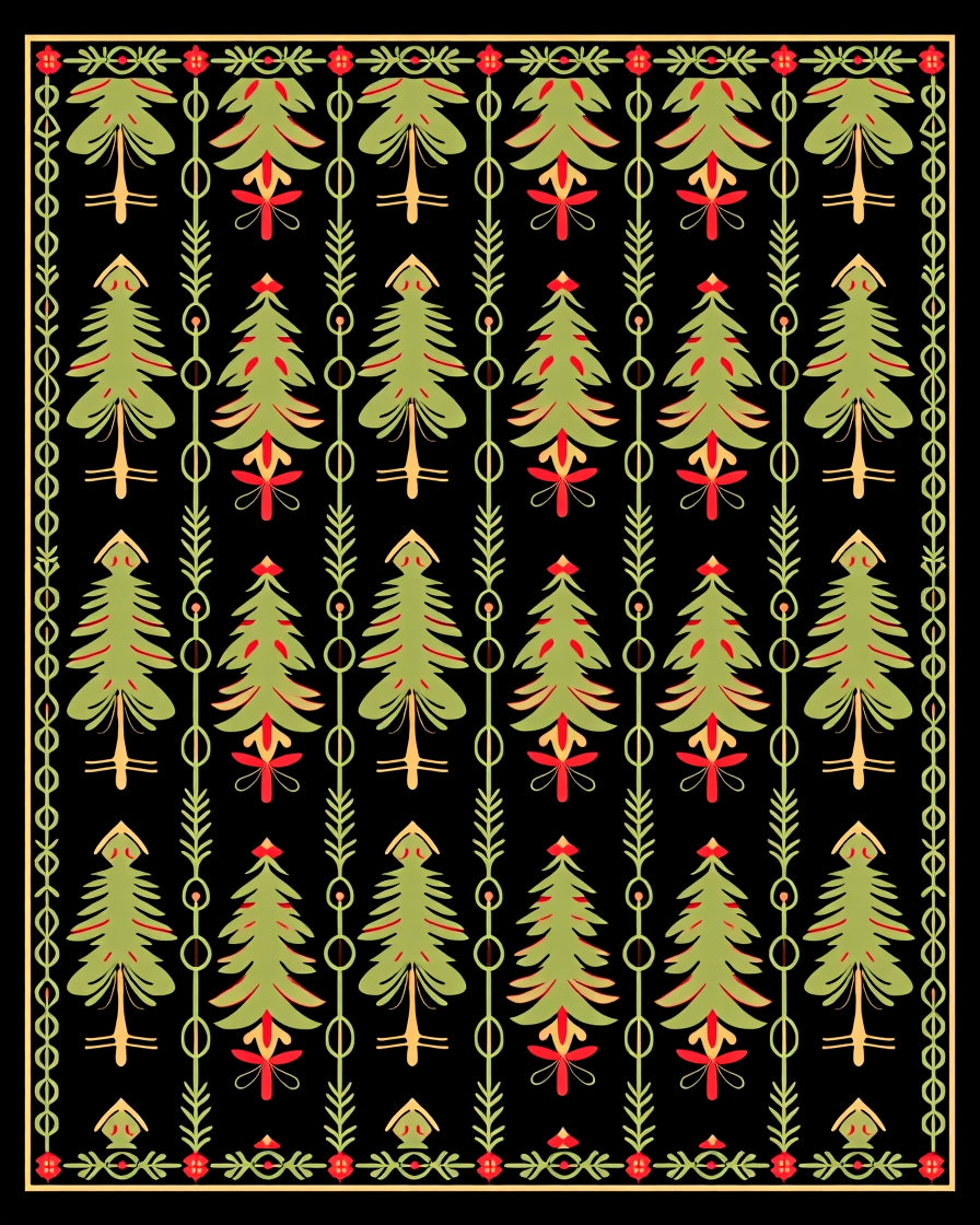 Green Pine Trees Red Accents Border Rug