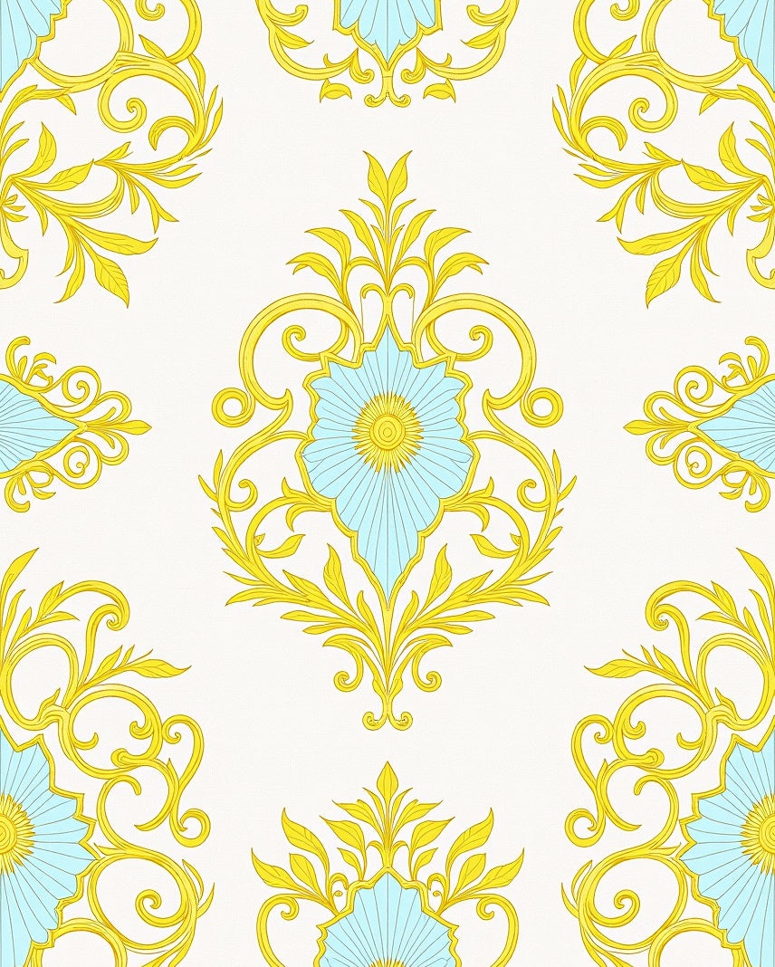 Golden Blue Floral Damask Medallion Rug