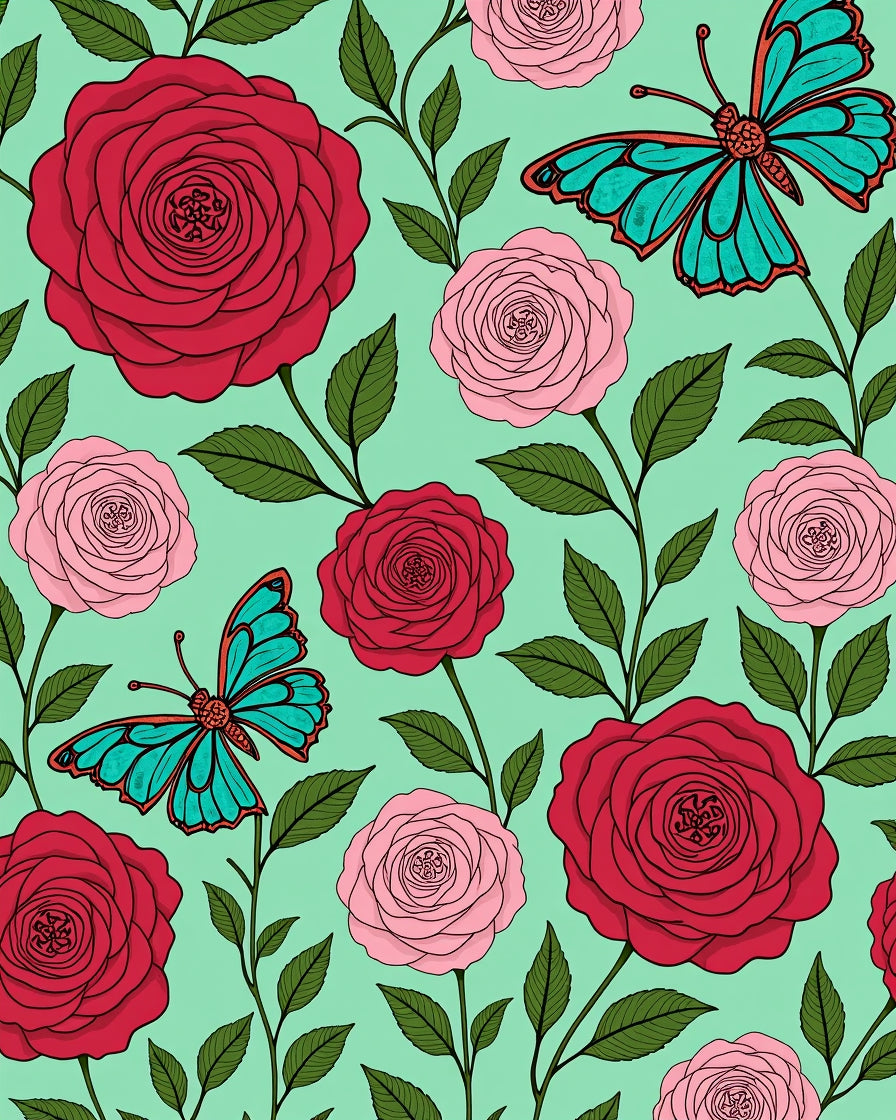 Whimsical Red Pink Rose Butterfly Garden Rug