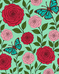 Whimsical Red Pink Rose Butterfly Garden Rug