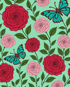Whimsical Red Pink Rose Butterfly Garden Rug