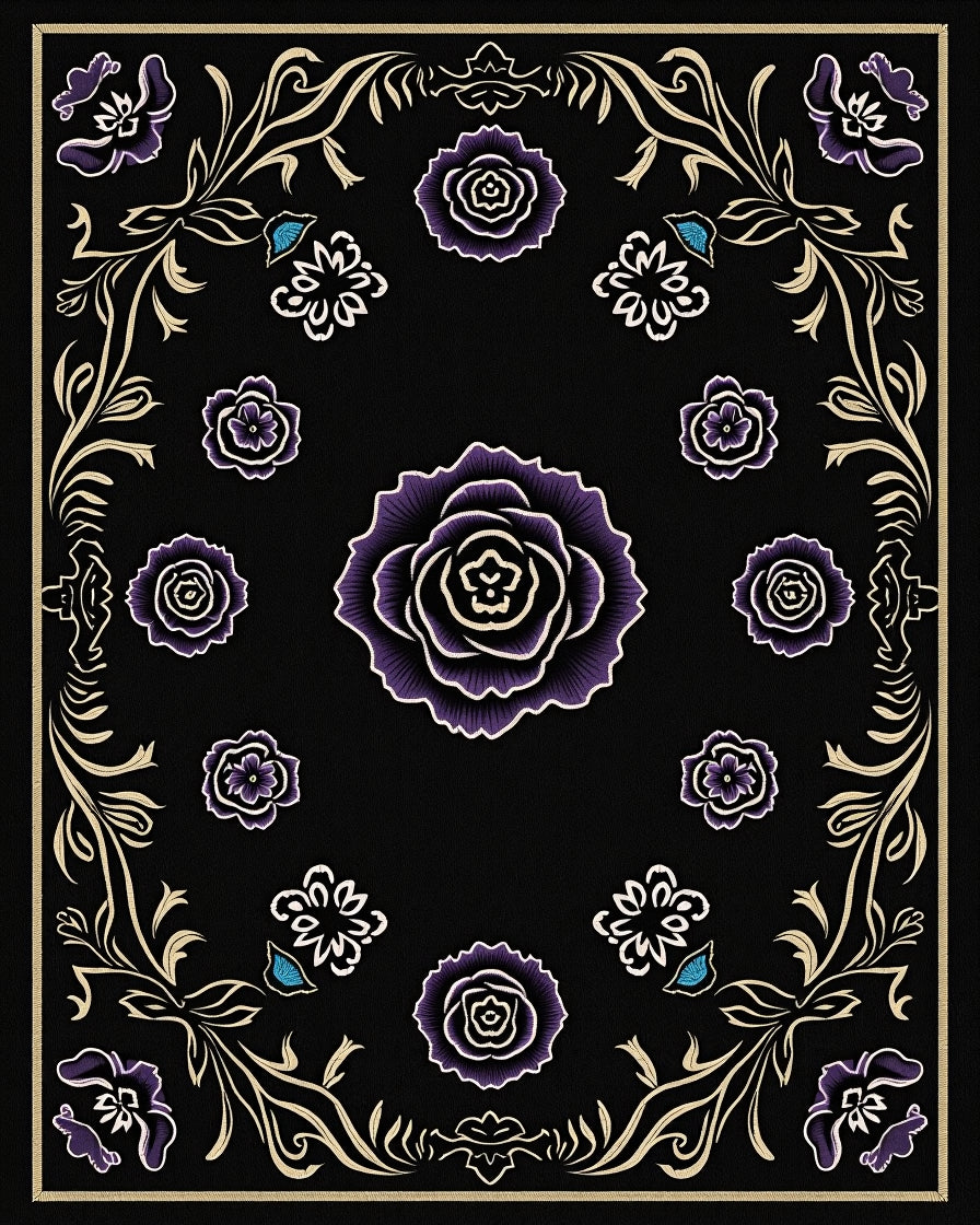 Dark Purple Floral Garden Cream Border Rug