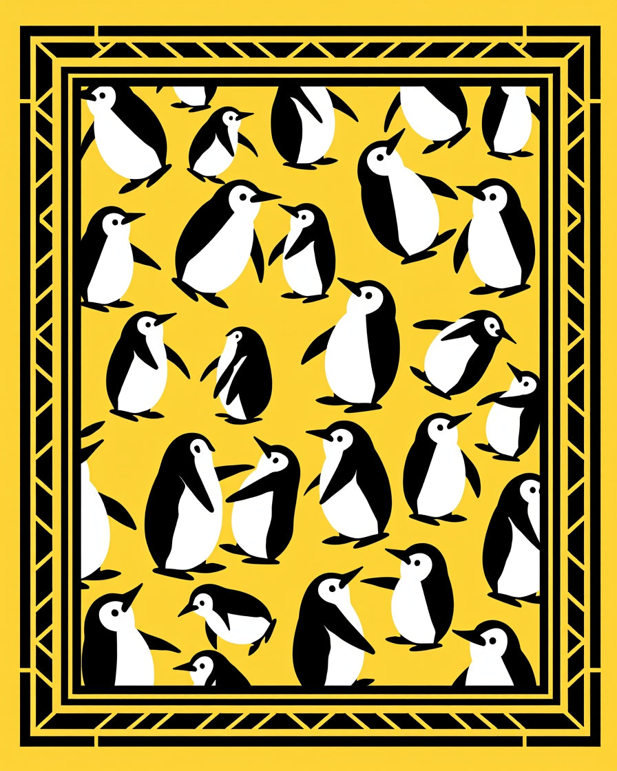 Playful Yellow Penguin Repeat Border Rug