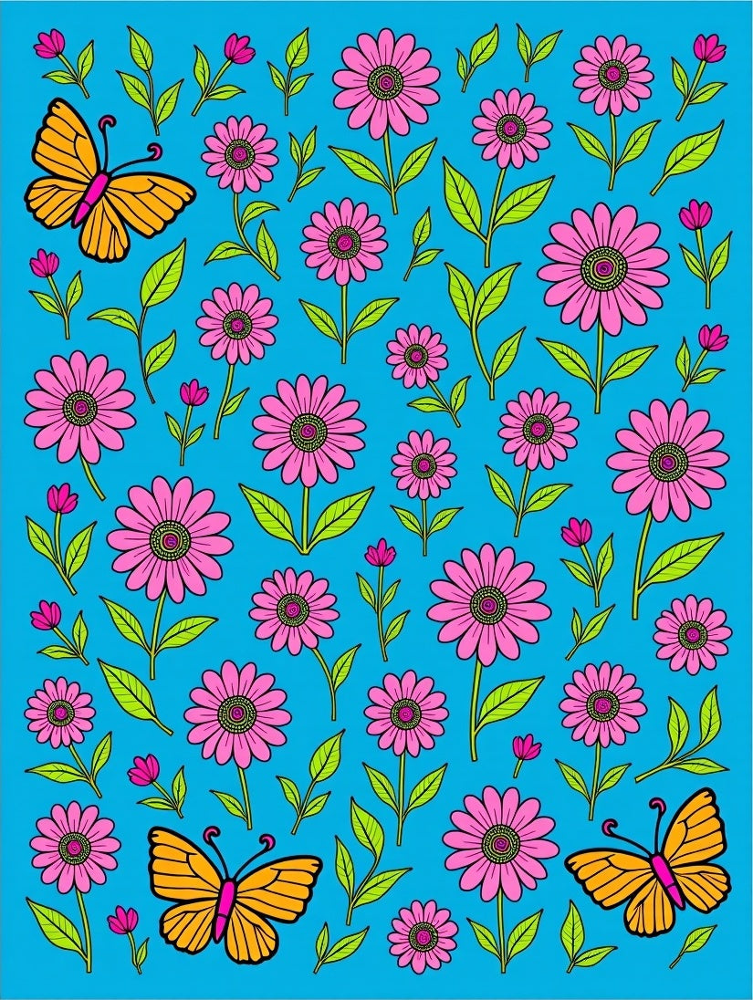 Whimsical Pink Flower Butterfly Garden Rug
