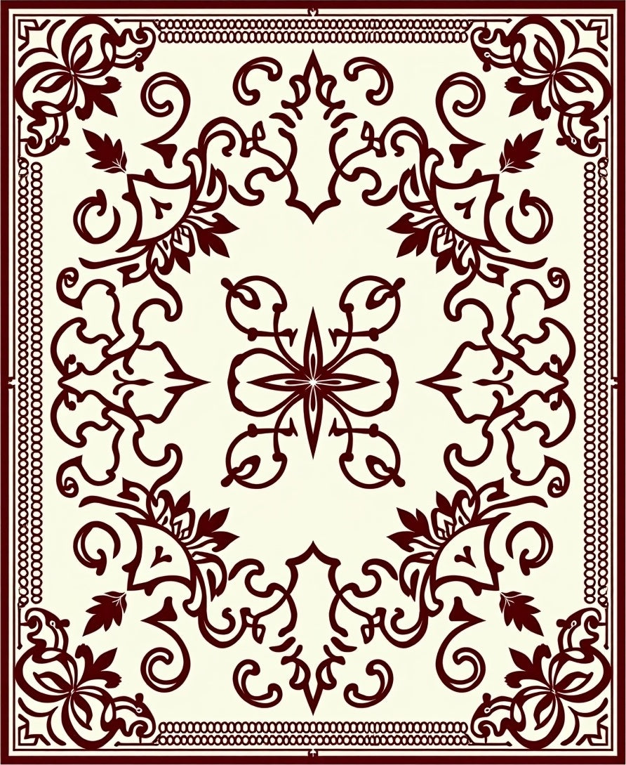 Dark Red Floral Scroll Border Rug