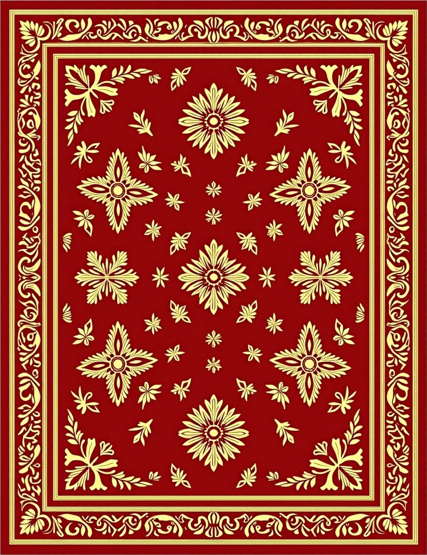 Crimson Gold Floral Medallion Rectangular Rug