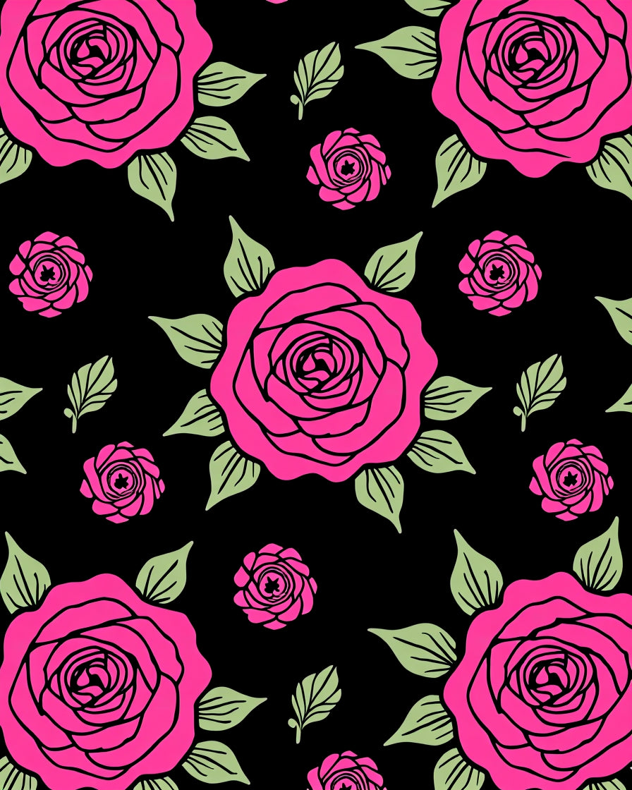 Hot Pink Rose Garden Black Rug