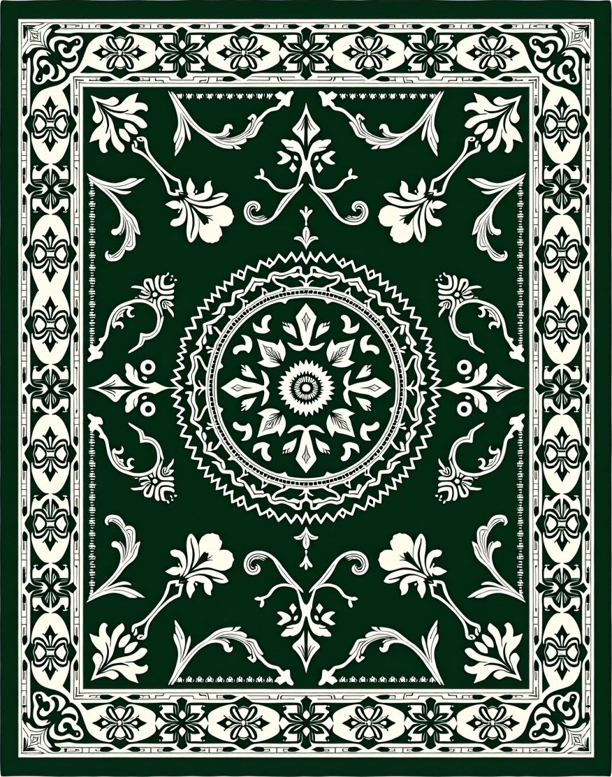Forest Green Floral Medallion Border Rug