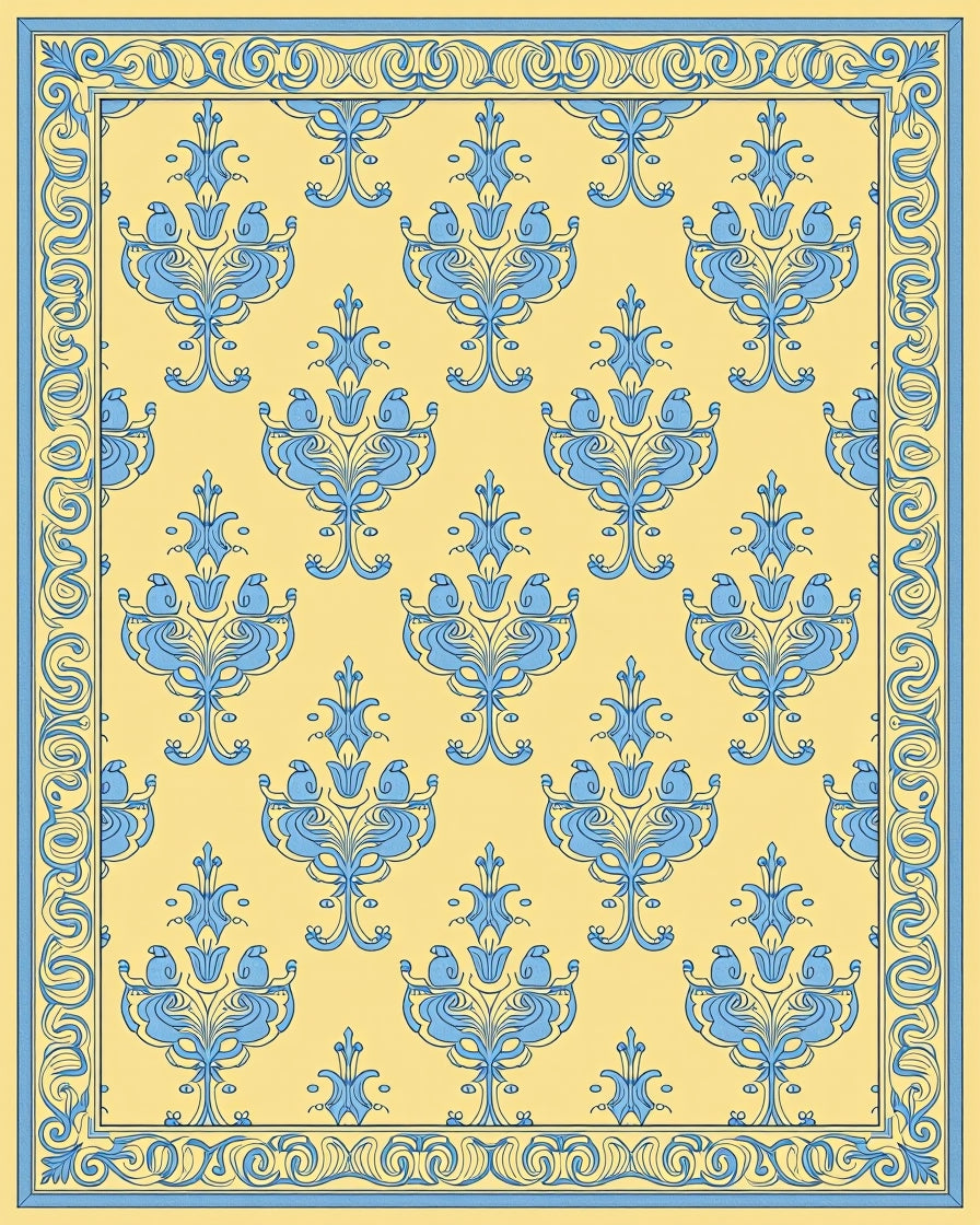 Pale Yellow Blue Scrollwork Botanical Rug
