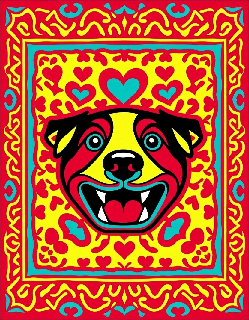 Vibrant Red Yellow Dog Face Hearts Rug