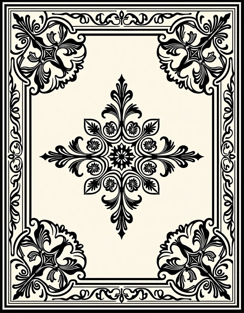 Classic Black Floral Scroll Square Rug