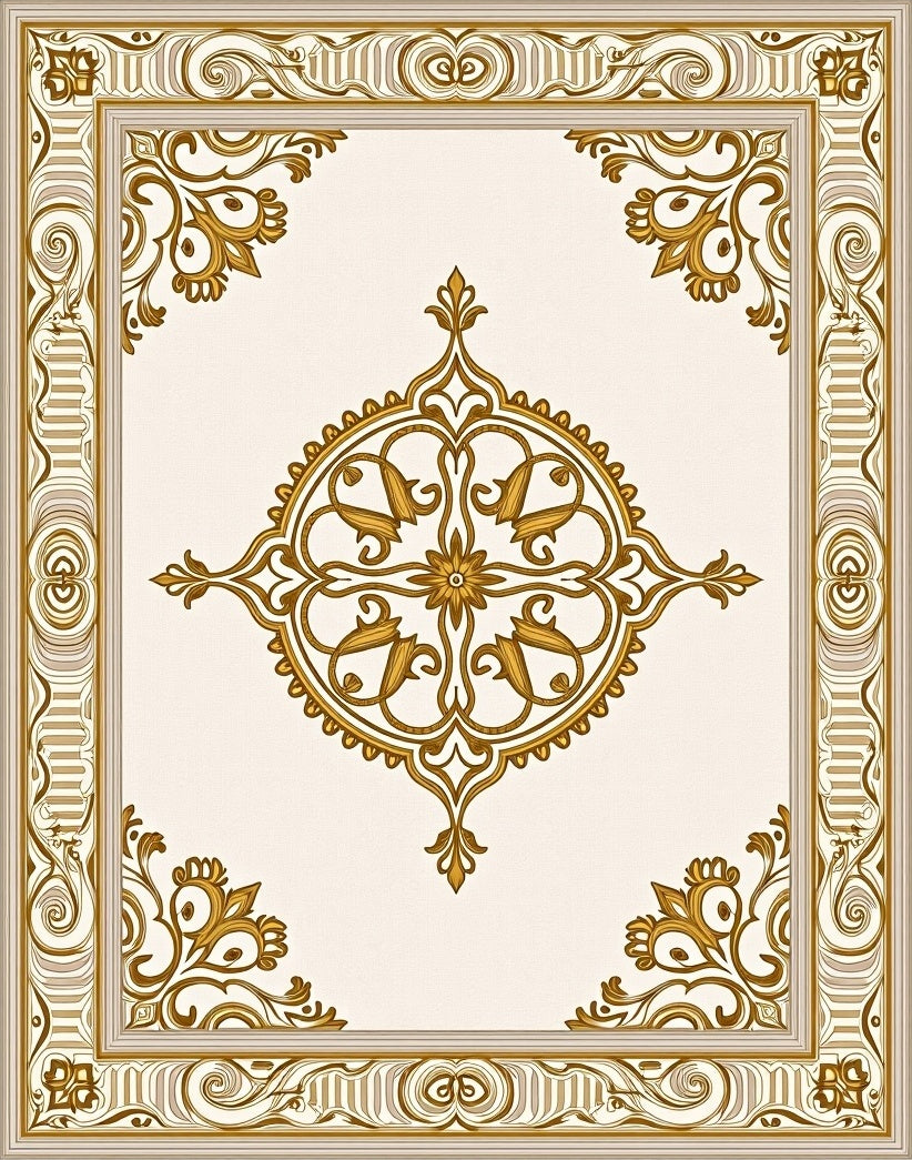 Elegant Gold Floral Scroll Frame Rug