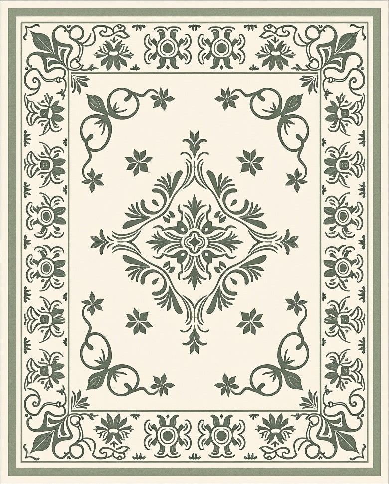 Cream Green Floral Vine Medallion Rug
