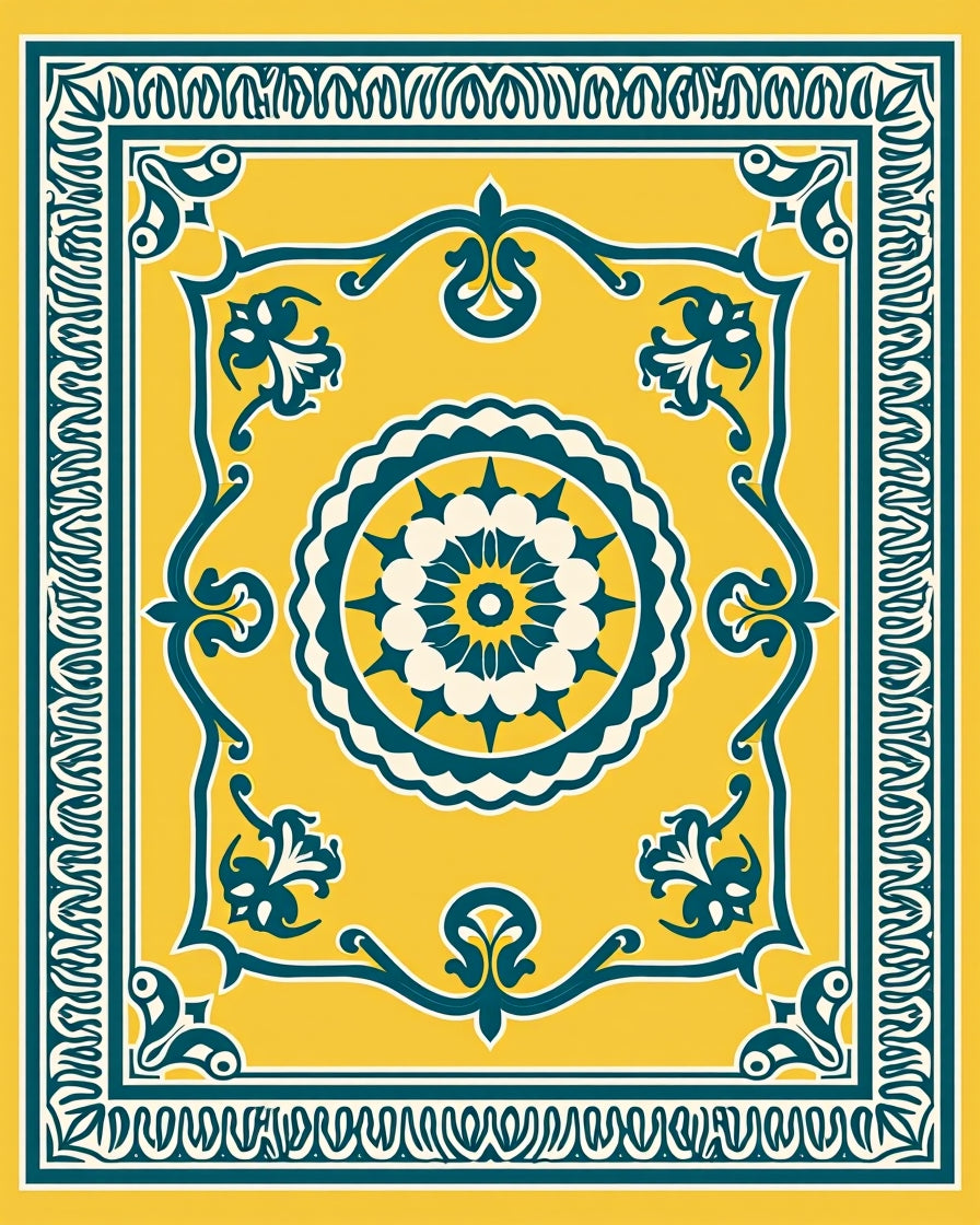 Yellow Teal Floral Medallion Border Rug