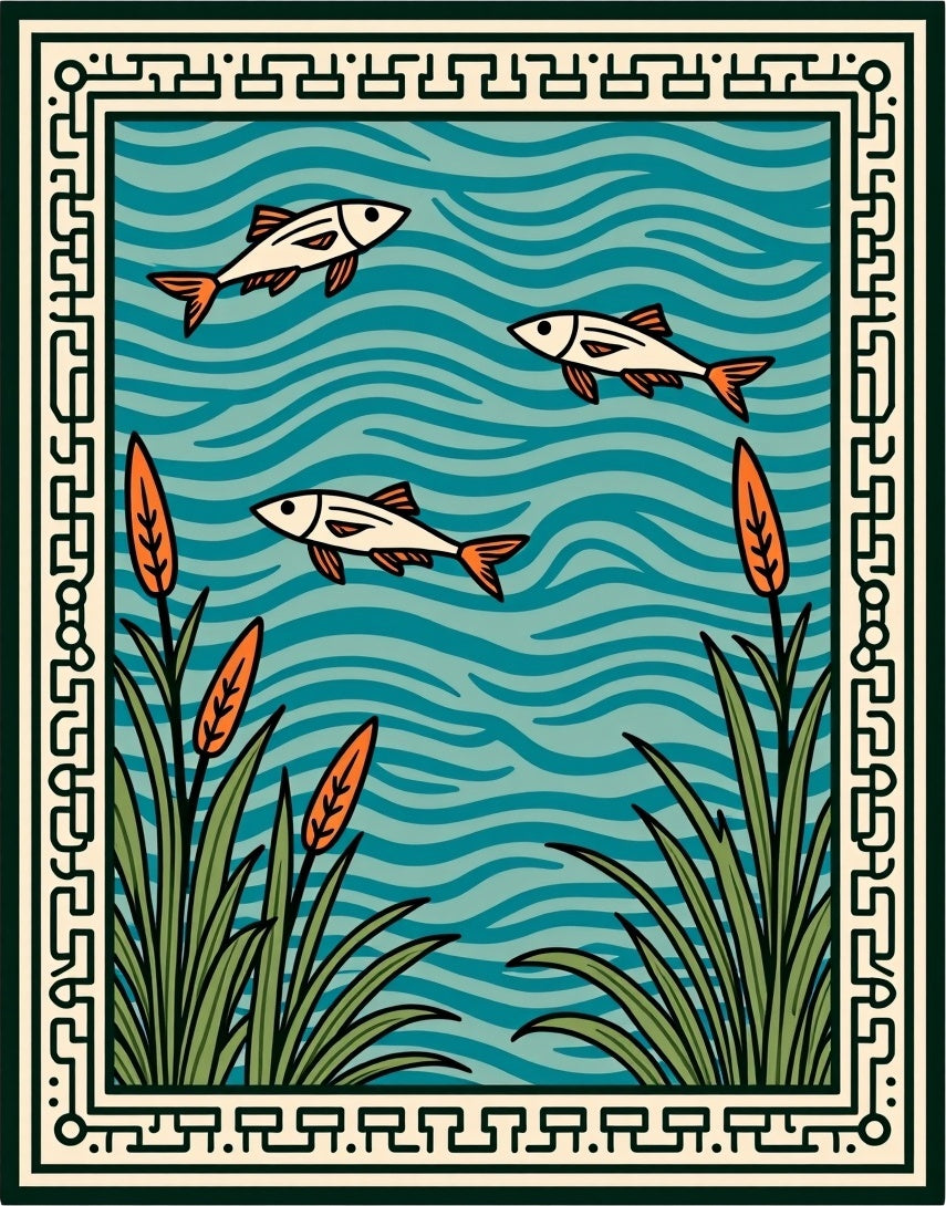 Oceanic Fish Reeds Border Artwork Rug