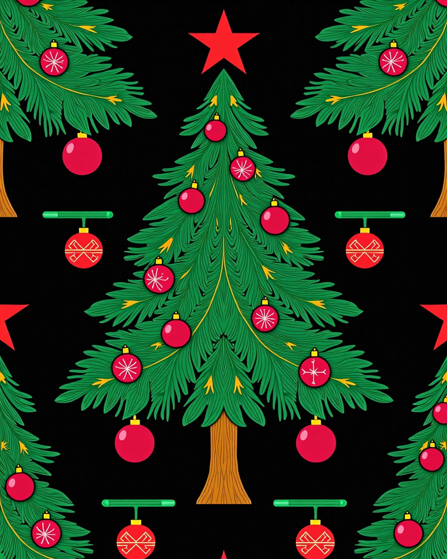 Festive Green Christmas Trees Red Ornaments Rug