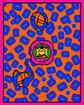 Vibrant Blue Abstract Figures Orange Rug