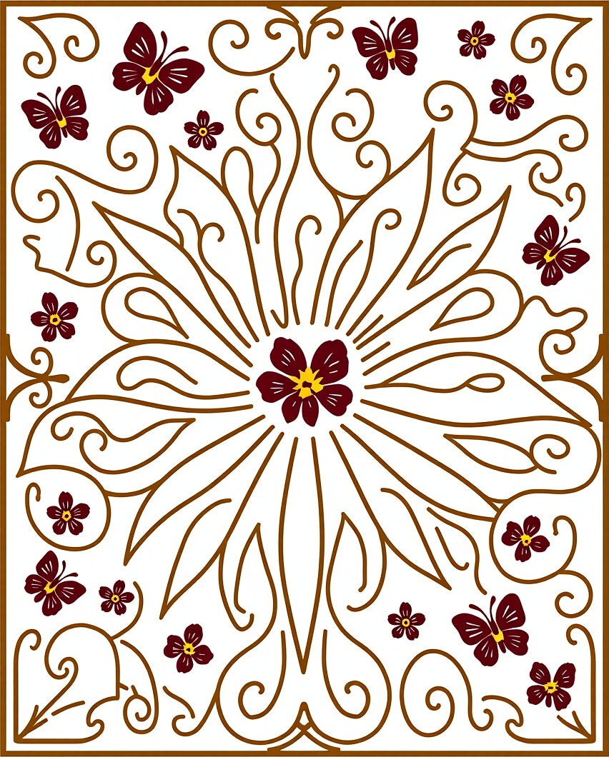 Maroon Butterfly Floral Swirl Scroll Rug