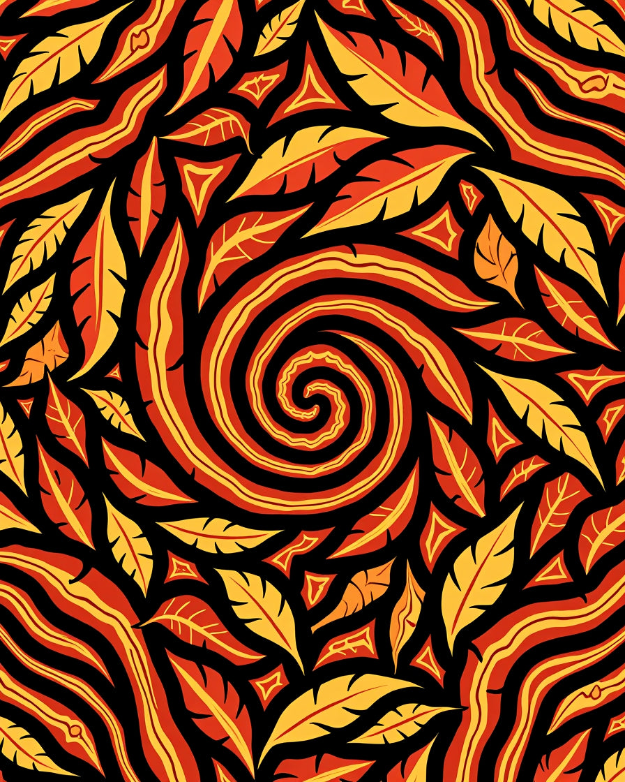 Fiery Crimson Yellow Feather Swirl Rug