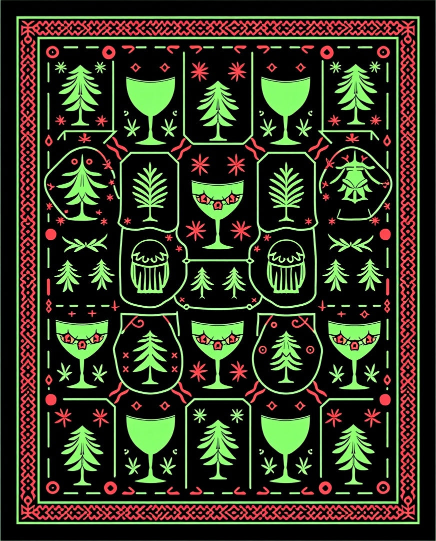 Neon Green Festive Tree and Glass Collage Rug
