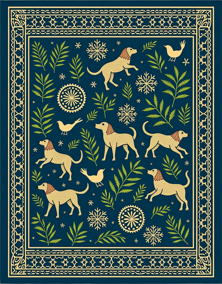 Golden Dogs Evergreen Branch Navy Rug