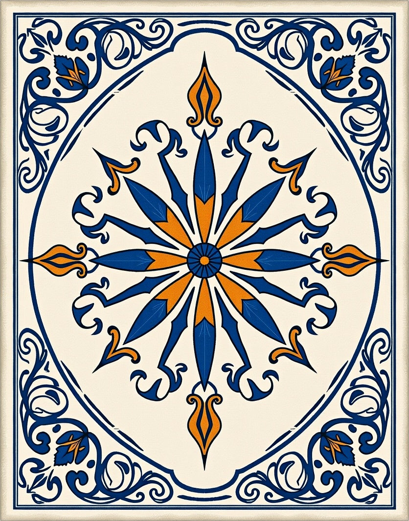 Royal Blue Orange Sunburst Medallion Rug