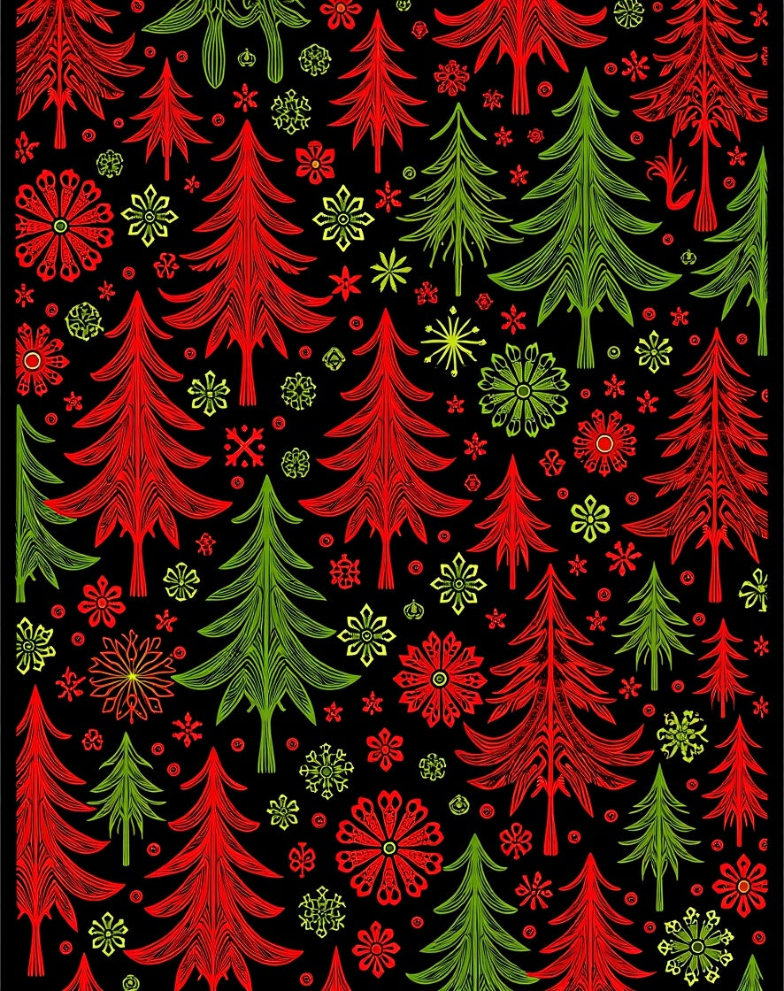 Festive Red Green Pine Trees Snowflakes Rug