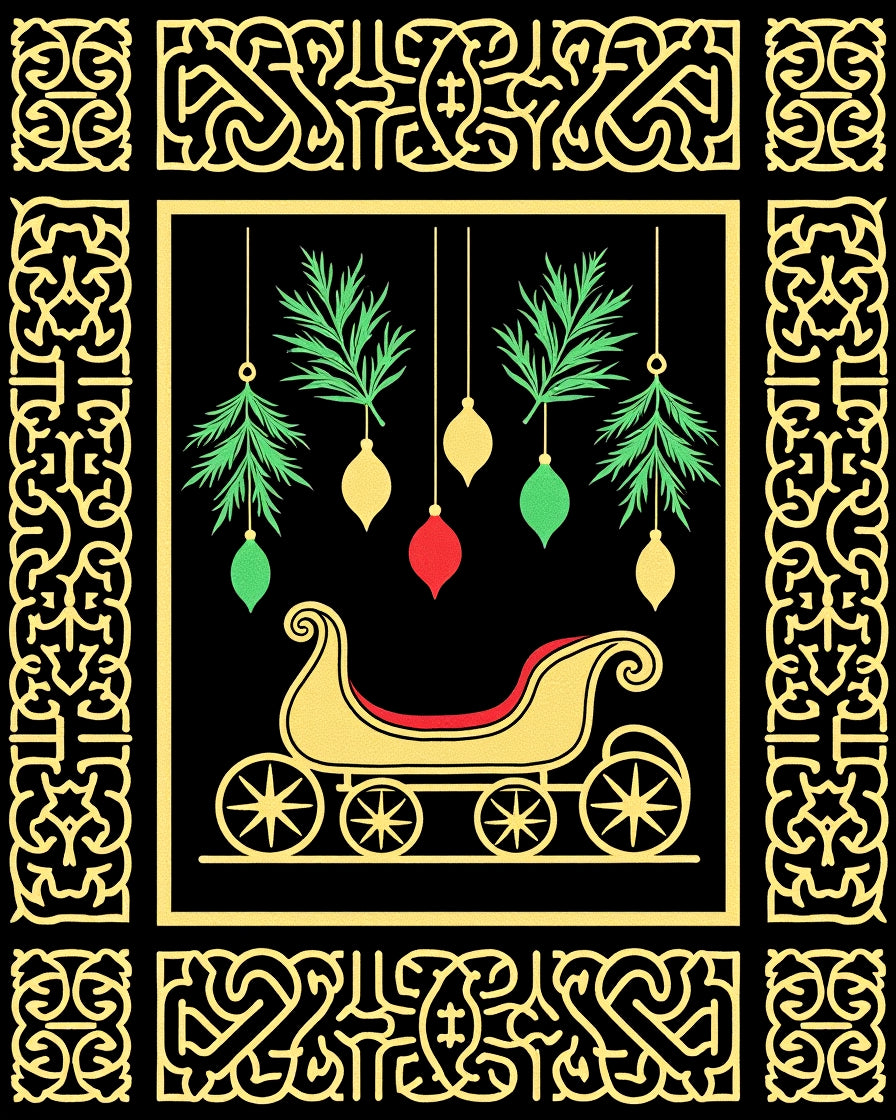 Golden Sleigh Evergreen Ornament Border Rug