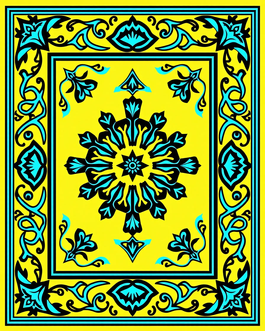 Bold Yellow Black Turquoise Floral Medallion Rug