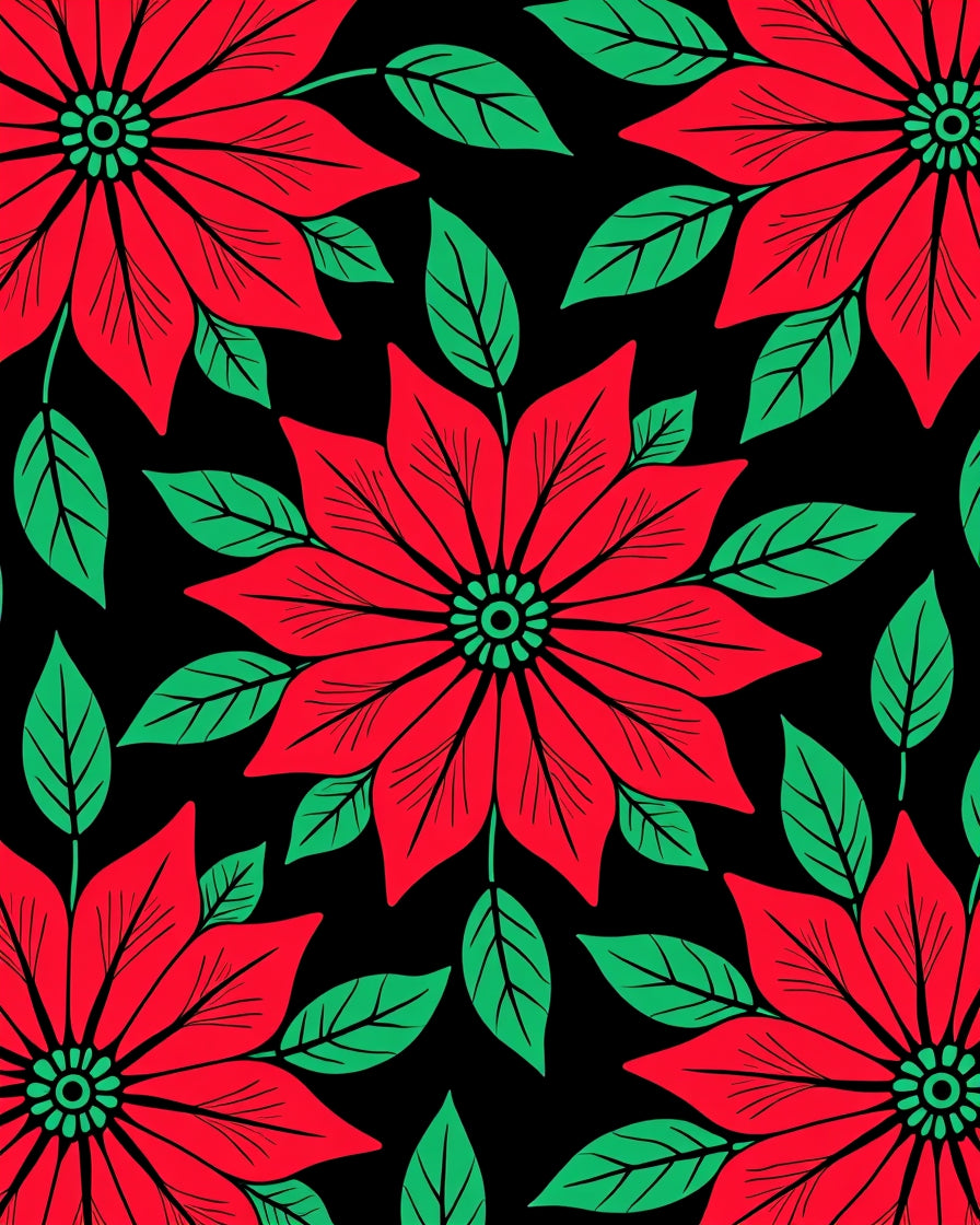 Bold Red Poinsettia Floral Black Rug
