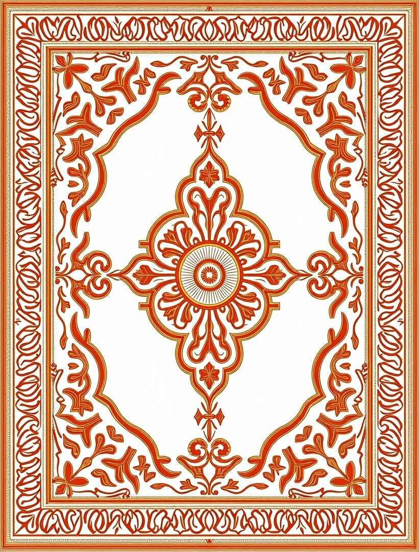 Ornate Crimson and Gold Scrollwork Area Rug