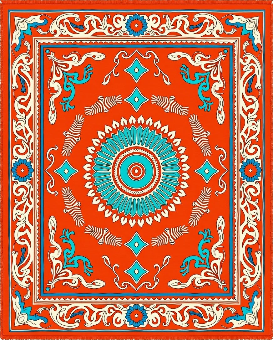 Orange Turquoise Floral Medallion Rug