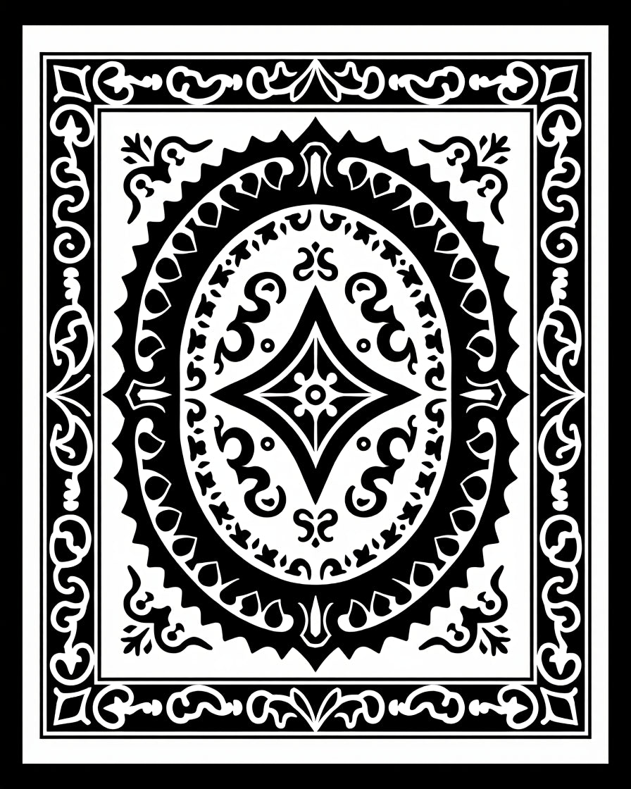 Ornate Black White Medallion Border Rug