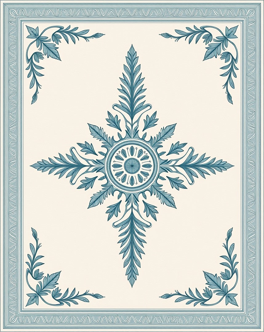 Blue Teal Leaf Medallion Frame Rug