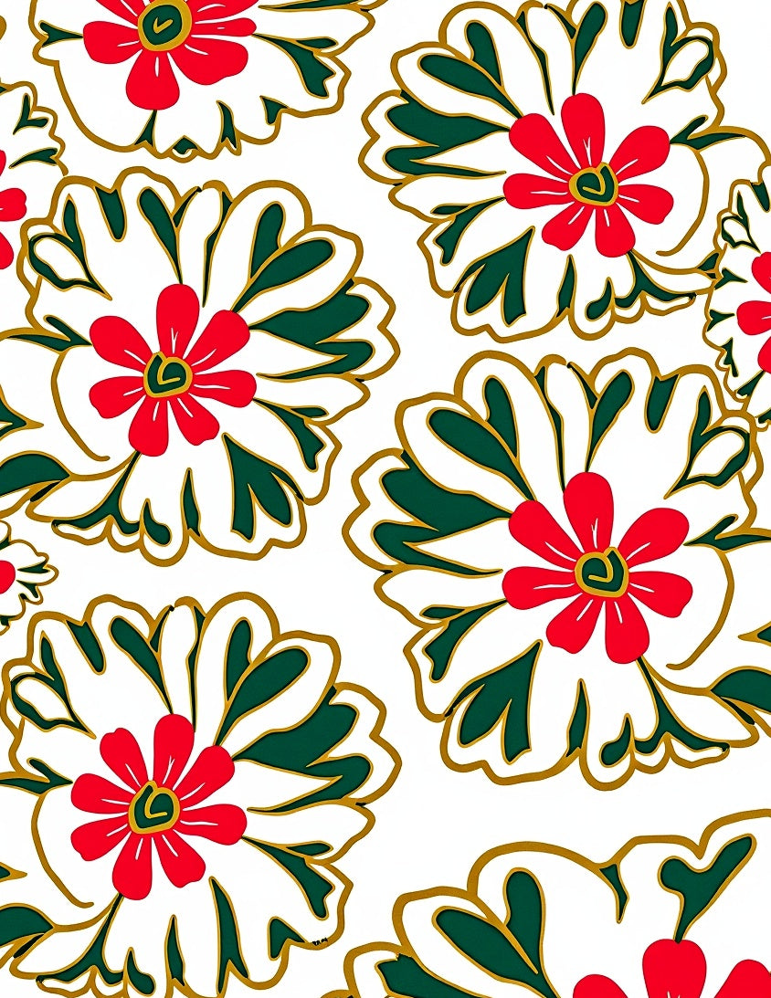 Red White Green Floral Outline Rug
