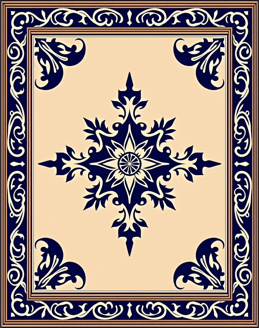 Dark Blue Ornamental Ivory Medallion Rug