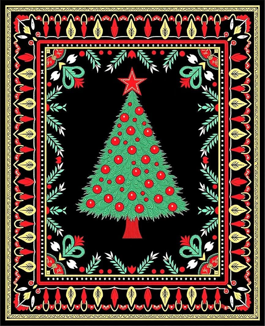 Festive Red Green Christmas Tree Border Rug