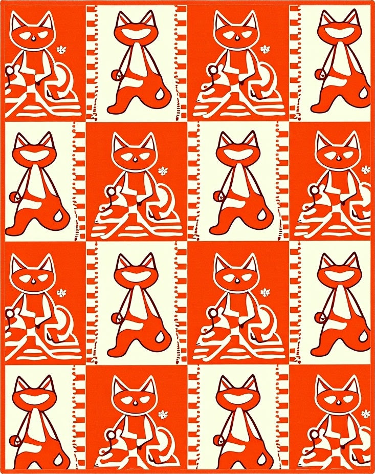 Orange White Retro Cat Grid Rug