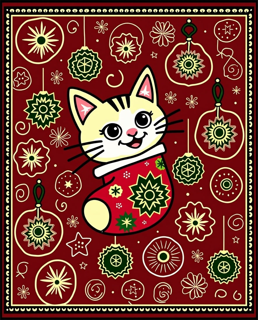 Festive Red Cat Christmas Ornaments Rug