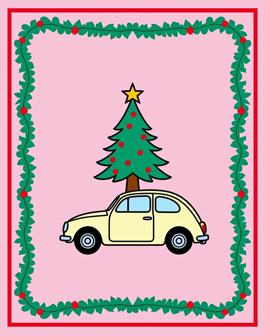 Festive Yellow Car Christmas Tree Border Rug