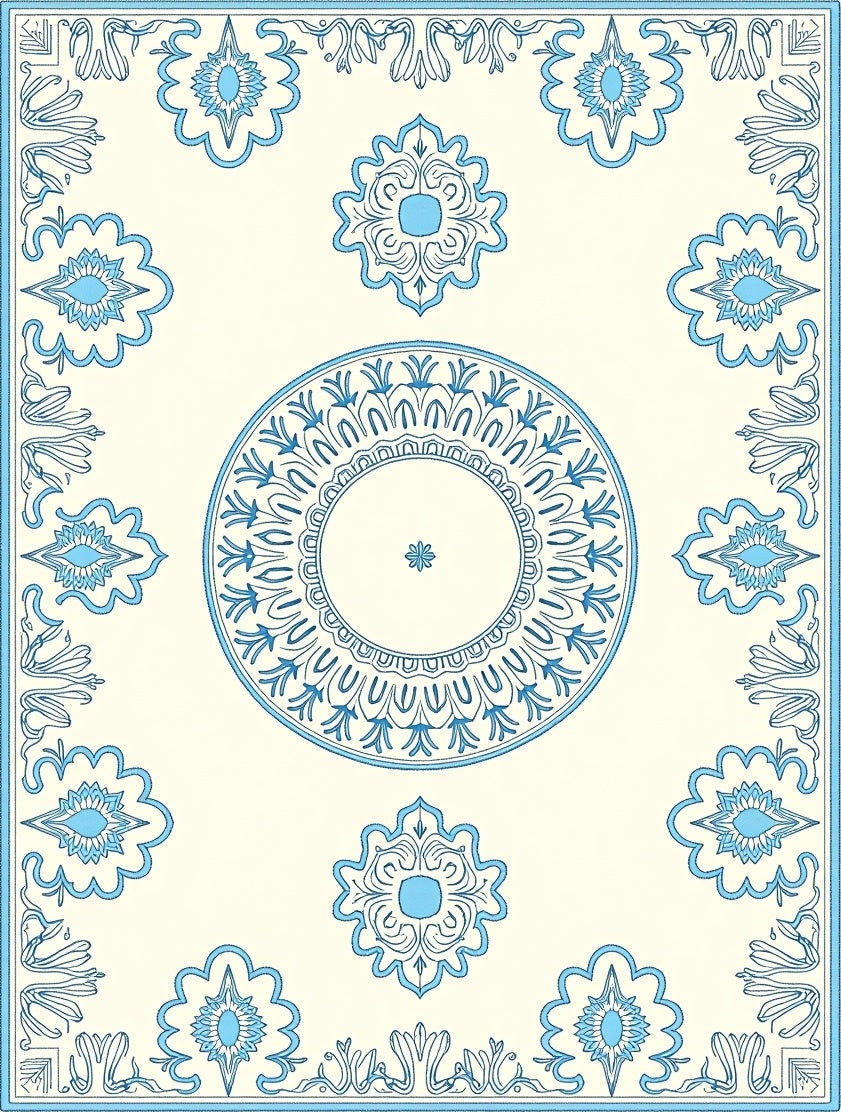 Cream Blue Medallion Floral Accent Rug