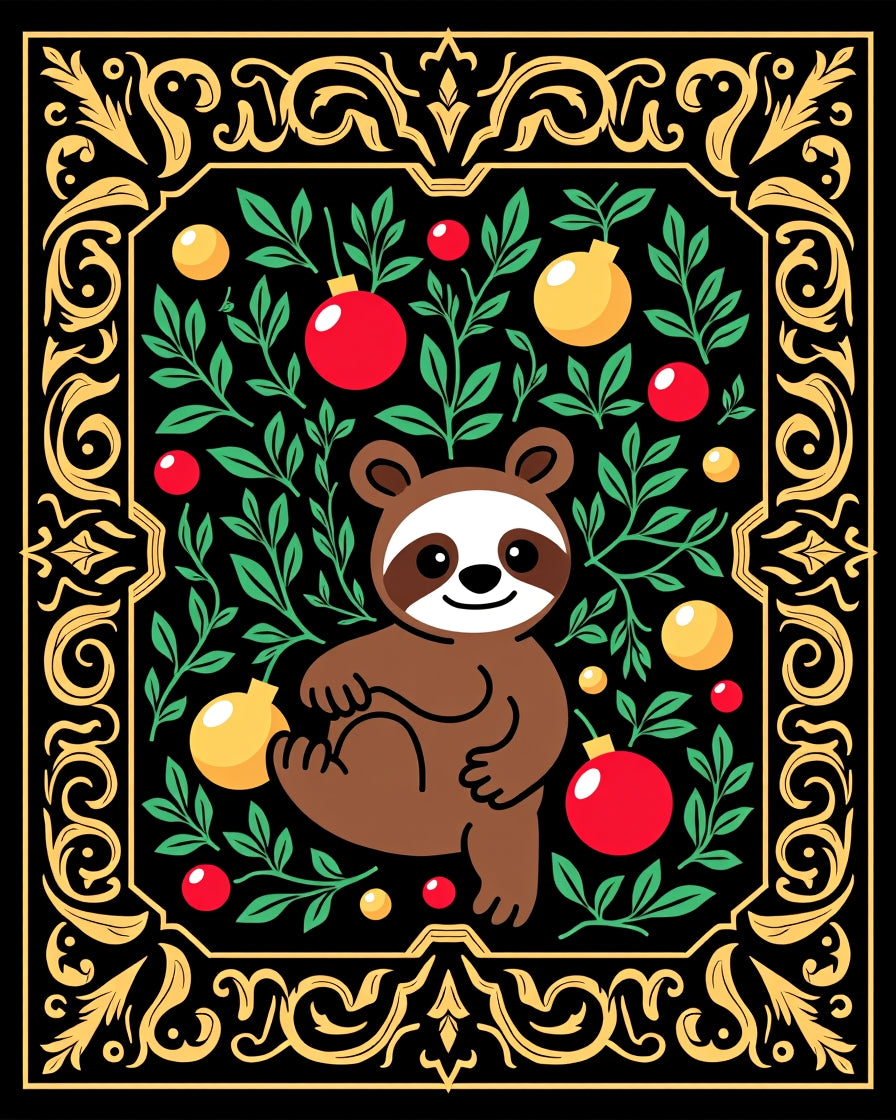 Whimsical Sloth Floral Red Yellow Round Rug