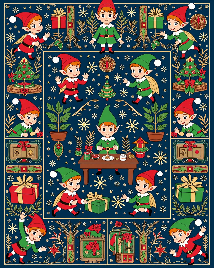 Christmas Elves And Gifts Navy Blue Rug