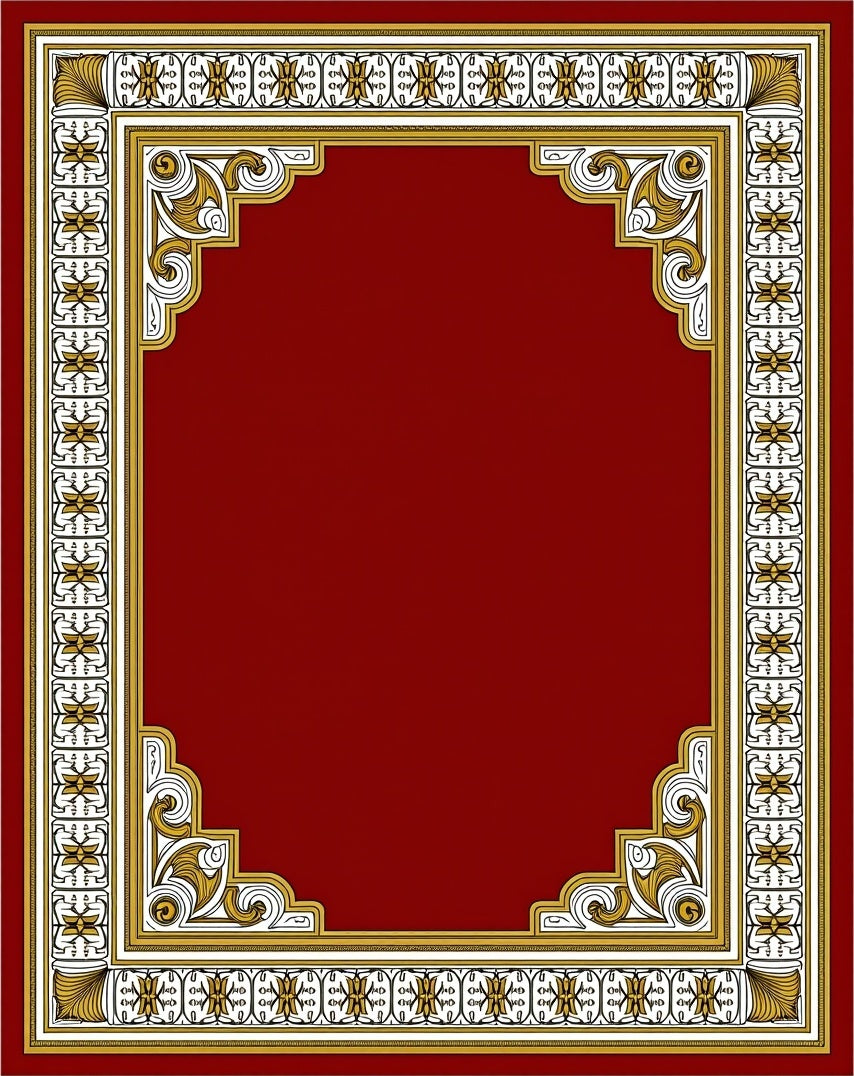 Deep Red Geometric Gold Medallion Frame Rug