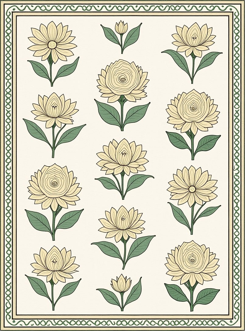 Cream Yellow Floral Garden Border Rug