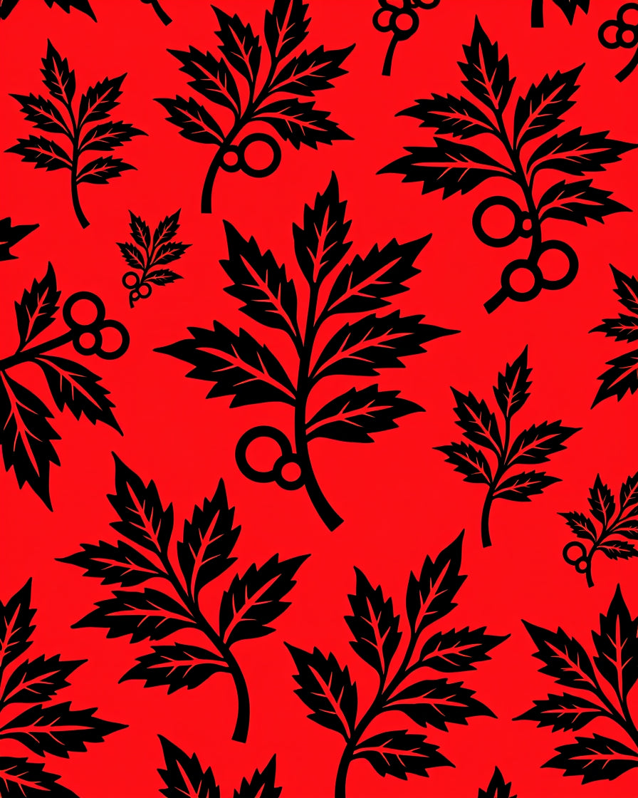 Bold Black Leaf Vine Red Background Rug